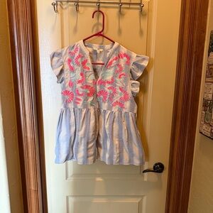 Entro Blue & White Striped Blouse with Pink Floral Embroidery. Mint